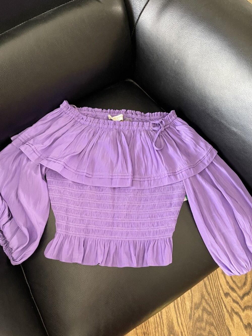 Ramy Brook Frankie Smocked Off-Shoulder Top XS Purple New